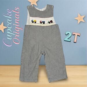 Cupcake Originals Smocked Construction Romper Boys 2T Black White Gingham Trucks